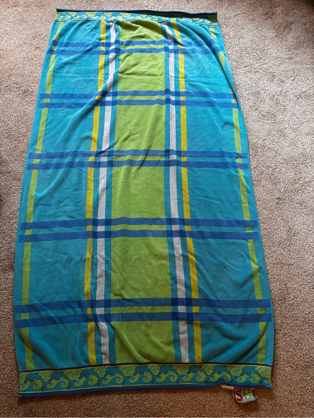 TWO Bright Plaid Beach Towels in Turquoise & Lime